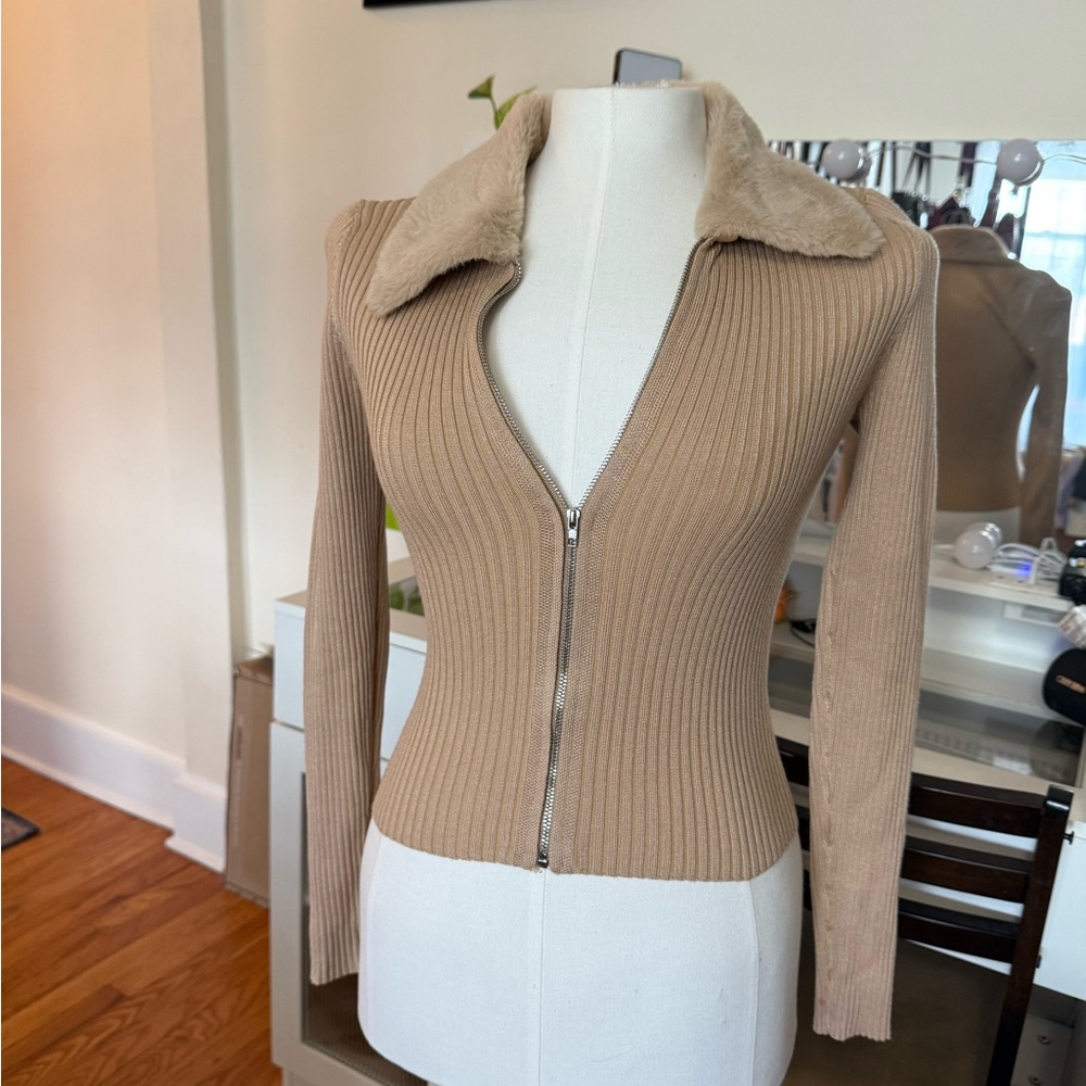 Fashion Nova Tan Ribbed Zip-Up Top